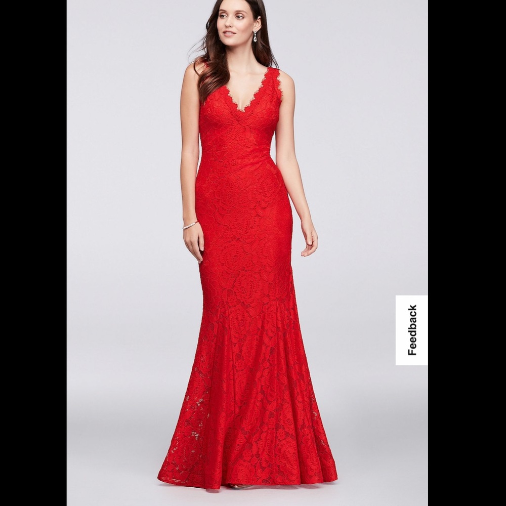 Red Allover Lace V-Neck Gown with Eyelash Trim